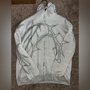 Gray Zip-Up Hoodie with Rhinestone Design
